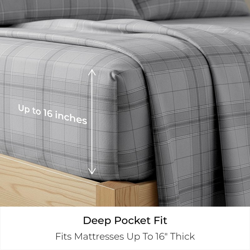 Mellanni Flannel Bed Sheet Set - 4 Piece Luxury 100% Heavyweight 180GSM Cotton - Cozy, Soft & Breathable - Deep Pockets with All-Around Elastic - Warm & Comfortable (California King, Light Gray Plaid) - Image 4